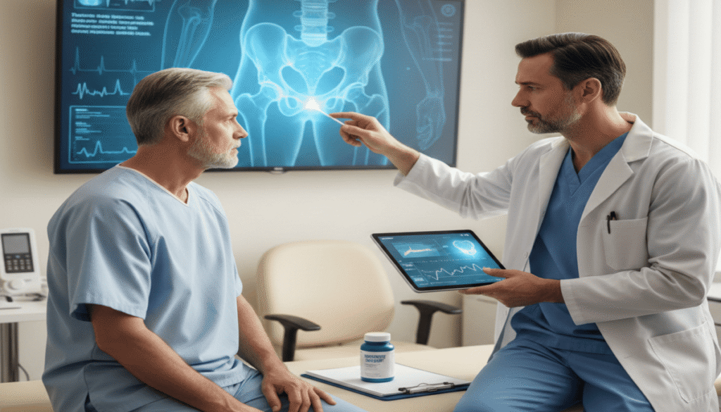 A doctor in a white coat and blue scrubs uses a pointer to explain a digital pelvic X-ray on a wall monitor to a senior male patient in a medical office.