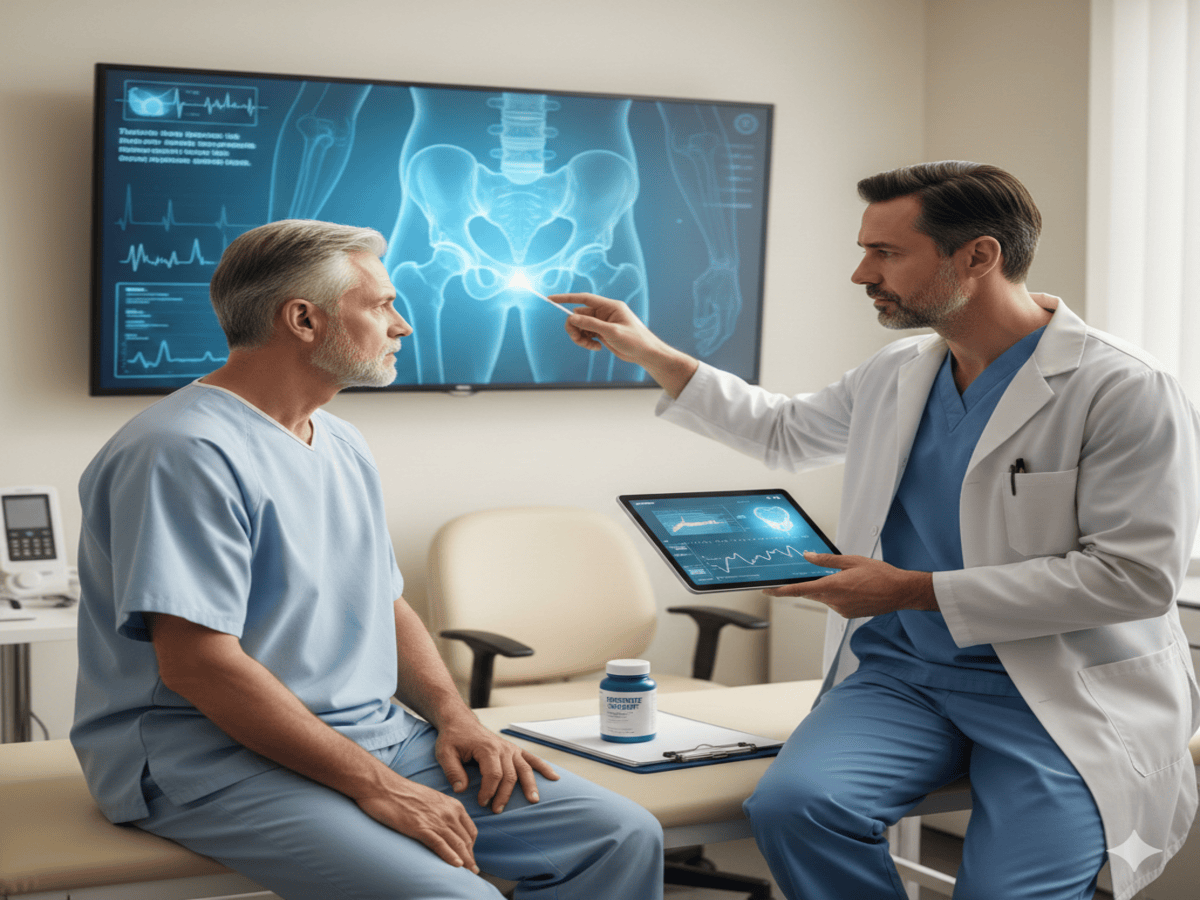 A doctor in a white coat and blue scrubs uses a pointer to explain a digital pelvic X-ray on a wall monitor to a senior male patient in a medical office.