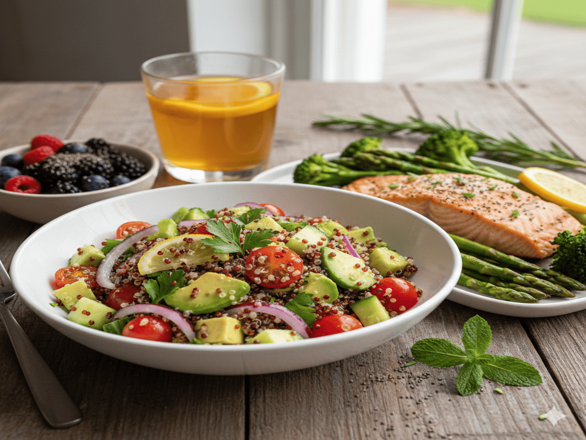 A healthy anti-inflammatory meal featuring grilled salmon with asparagus and broccoli, a quinoa avocado salad with cherry tomatoes, a bowl of mixed berries, and a glass of turmeric ginger tea on a wooden table.