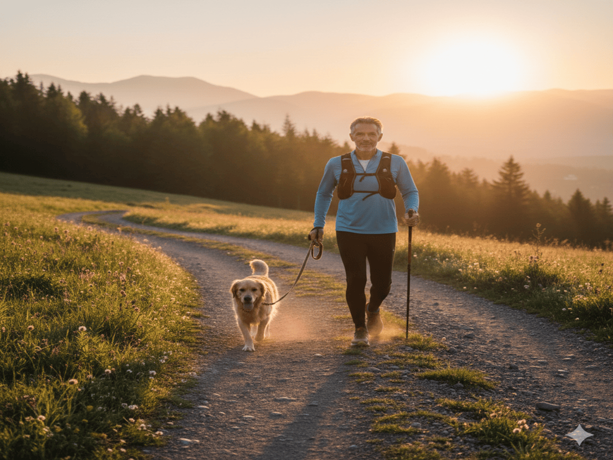 A fit, middle-aged man with grey hair walking his Golden Retriever on a dirt path during a vibrant sunrise. He is wearing athletic gear and using a trekking pole, with rolling hills and a pine forest in the background.