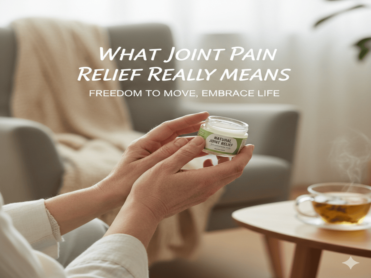 Person holding a jar of natural joint relief cream in a cozy living room setting with tea, representing at-home herbal remedies for joint pain.
