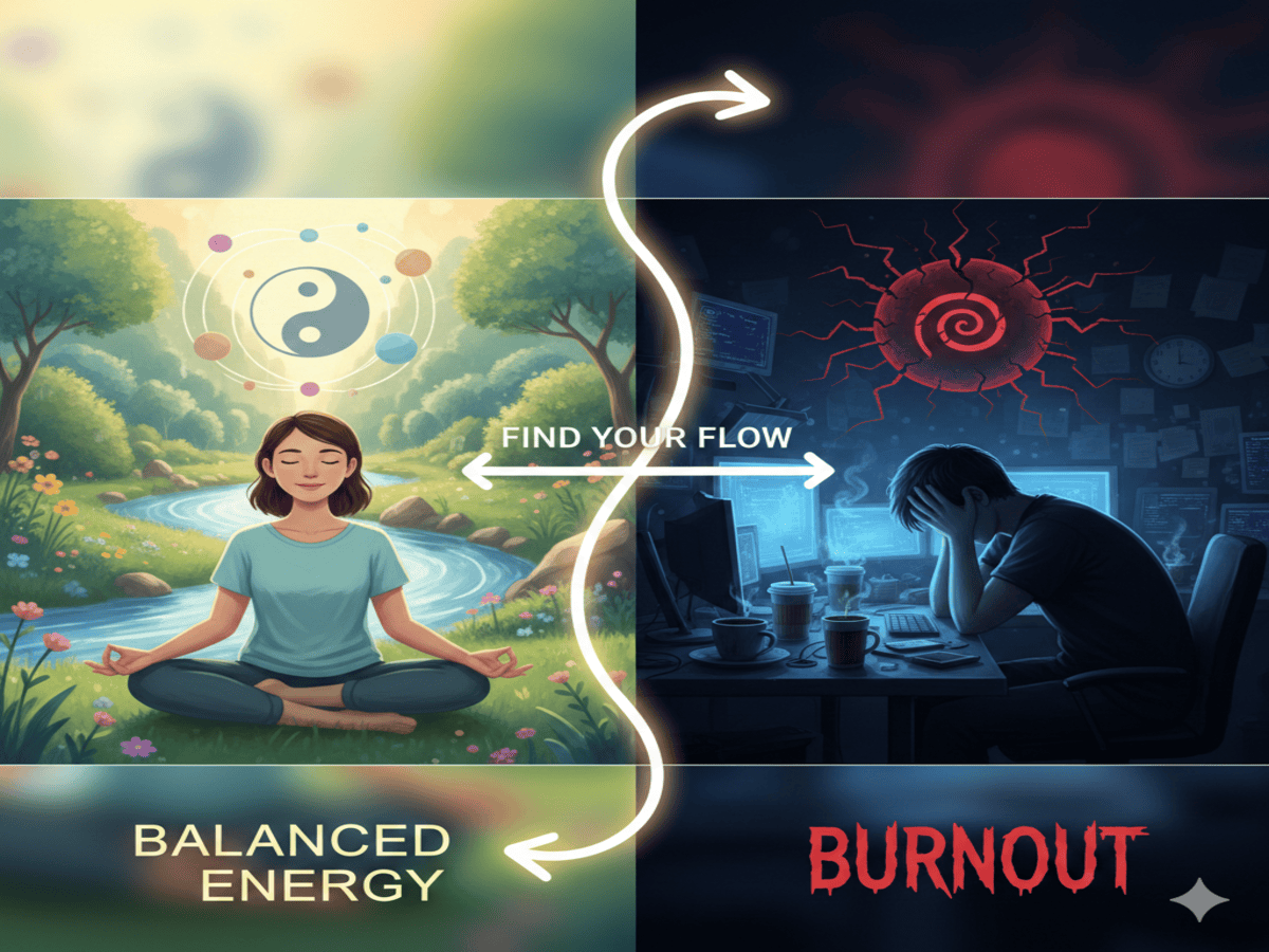 Gemini_Generated_Image_pwa3lapwa3lapwa3 (1) A split-screen illustration showing "Balanced Energy" vs. "Burnout." On the left, a woman meditates peacefully in a lush, sunny park with a glowing yin-yang symbol above her. On the right, a man sits slumped at a dark, cluttered desk with multiple coffee cups and glowing screens, under a jagged, red "burnt out" sun icon. A glowing arrow connects the two sides with the text "Find Your Flow."
