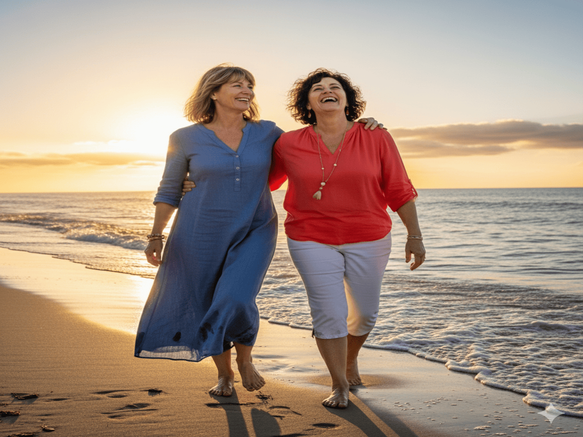 Two joyful mature women in their 50s and 60s, walking barefoot on a beach at sunset. They represent active aging, suggesting a healthy lifestyle supported by diet and supplements to boost energy.