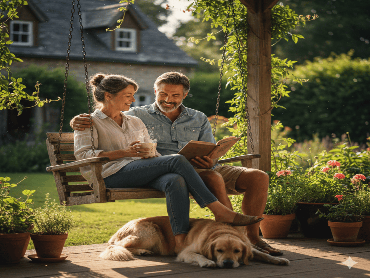 Unlock-Your-Next-Chapter-Discover_The Secret-To-Lasting-Vitality A middle-aged man and woman sitting together on a wooden porch swing in a sun-drenched garden. The man is reading a book aloud while the woman holds a steaming mug. A golden retriever rests peacefully on the wooden deck at their feet. The scene is filled with lush greenery and soft, golden-hour sunlight.