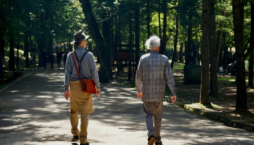 A rear view of two elderly men walking side by side down a sun-dappled paved path in a lush, wooded park.