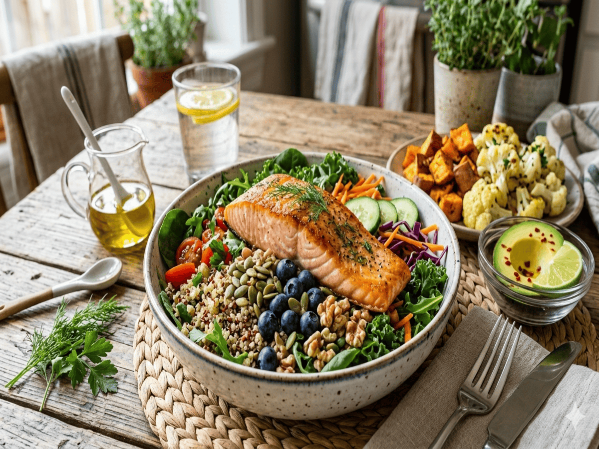 best-supplements-for-knee-pain-after-45/ A vibrant, healthy bowl containing a grilled salmon fillet, quinoa, kale, blueberries, walnuts, and pumpkin seeds, served on a rustic wooden table alongside avocado, sweet potatoes, and olive oil.