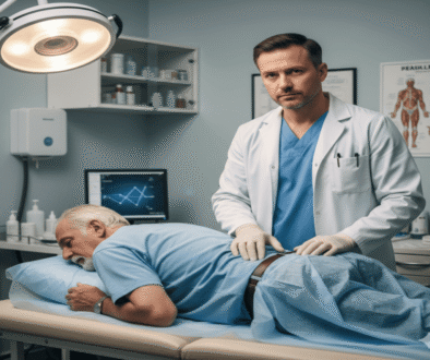 A male doctor in a white coat performing a physical examination on a patient to discuss prostate health and screening.