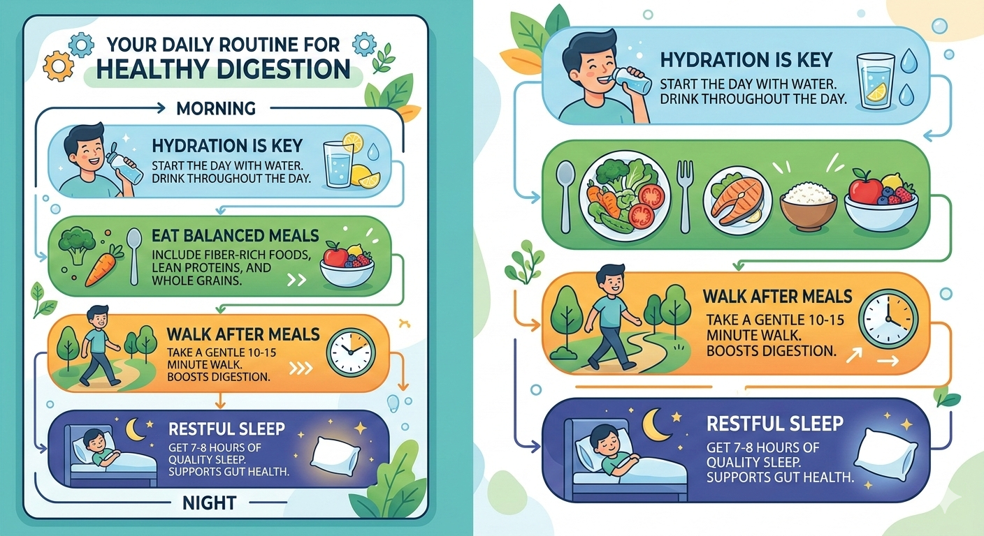 A colorful, four-step infographic illustrating a daily routine for healthy digestion. It features sections for hydration, balanced meals with fiber and protein, a 10-15 minute walk after eating, and 7-8 hours of restful sleep, all accompanied by friendly character illustrations.
