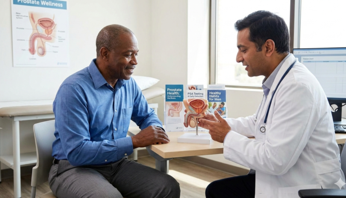 A doctor in a white lab coat uses a detailed anatomical model of the male reproductive system to explain prostate health to a middle-aged male patient in a bright, modern clinic setting.