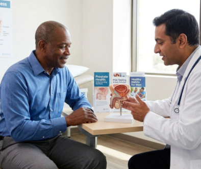 A doctor in a white lab coat uses a detailed anatomical model of the male reproductive system to explain prostate health to a middle-aged male patient in a bright, modern clinic setting.