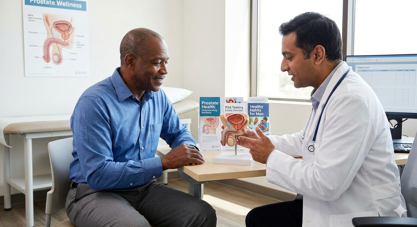 A doctor in a white lab coat uses a detailed anatomical model of the male reproductive system to explain prostate health to a middle-aged male patient in a bright, modern clinic setting.