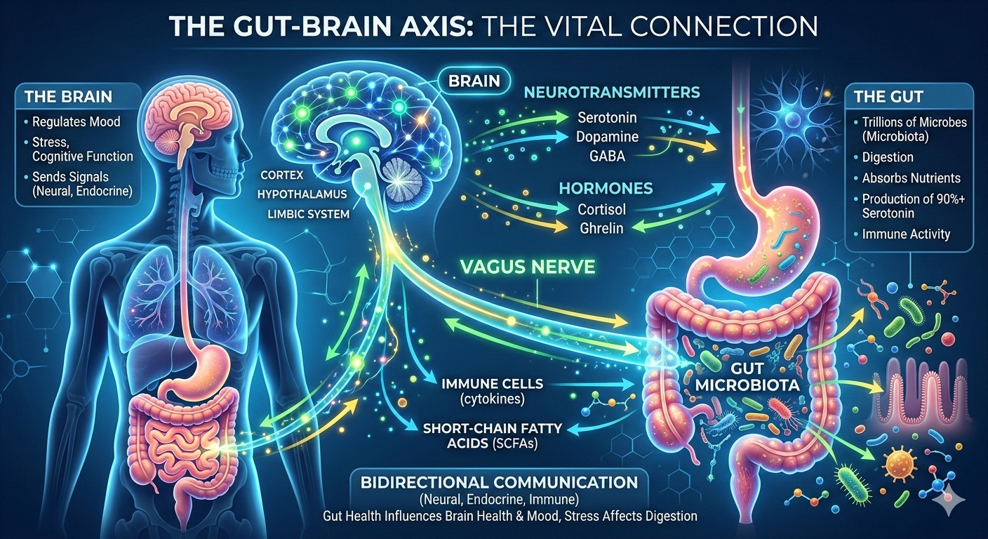 The Gut-Brain Axis: The Vital Connection" infographic. A translucent silhouette shows the brain and gut linked by a glowing Vagus Nerve. Bidirectional arrows connect brain and microbiota illustrations, highlighting neurotransmitters, hormones, and immune cells. The dark blue design features neon accents depicting signal flow.