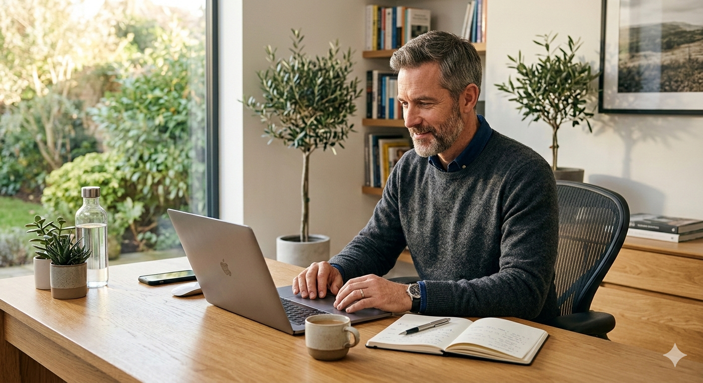 A middle-aged man with graying hair and a beard sitting at a modern wooden desk in a bright home office, looking focused while working on a laptop.