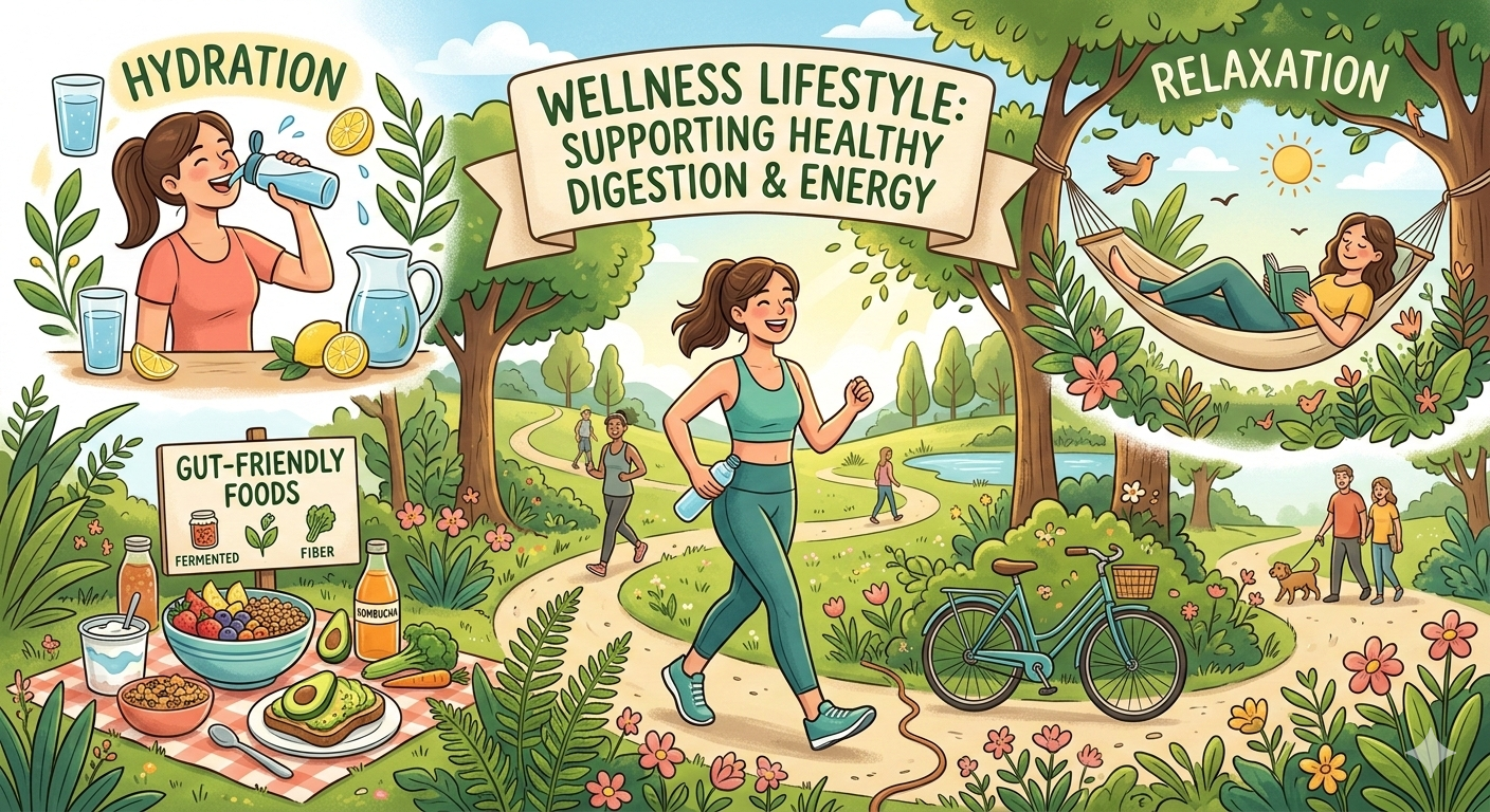 A vibrant, multi-paneled wellness illustration. It features a woman drinking water, a picnic spread of gut-friendly foods like kombucha and avocado, a woman reading in a hammock, and a central figure walking through a sunlit park. Banners labeled "Hydration," "Gut-Friendly Foods," and "Relaxation" surround the scenes.