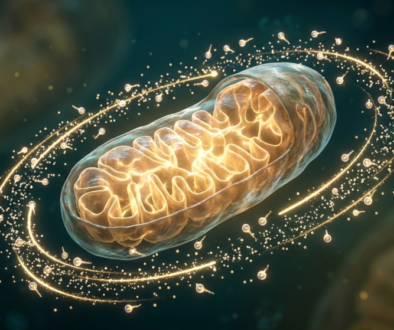 A glowing 3D mitochondrion representing cellular energy peak performance, used to illustrate the best supplements for mitochondrial support and ATP production."