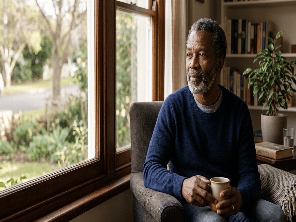 A thoughtful African man over 50 sits near a window in soft morning light, relaxed and reflective in a clean, simple home setting, with warm natural lighting and realistic portrait detail.