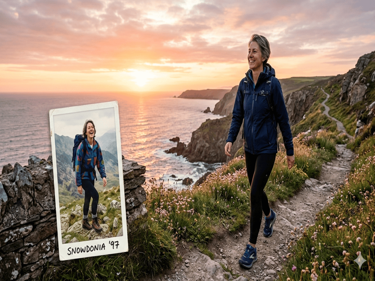 An active woman over 45 walking briskly on a coastal cliff path at sunrise, juxtaposed with a vintage Polaroid photo of her younger self hiking in 1997, representing the link between aging and mitochondrial energy.