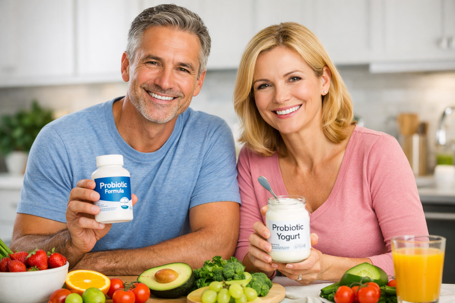 Healthy middle-aged couple in a bright kitchen holding probiotic yogurt and supplement bottles, surrounded by fresh fruits and vegetables — promoting gut health and wellness for adults over 45.”