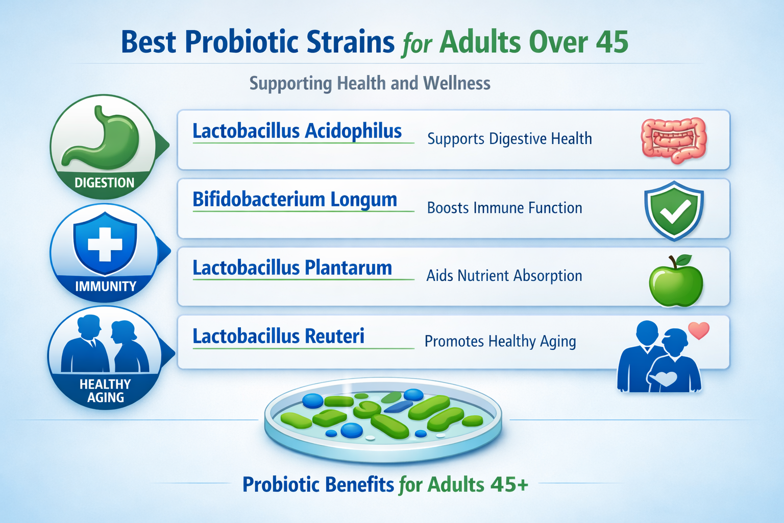 Infographic showing best probiotic strains for adults over 45 with icons for digestion, immunity, and healthy aging in blue and green medical style.”