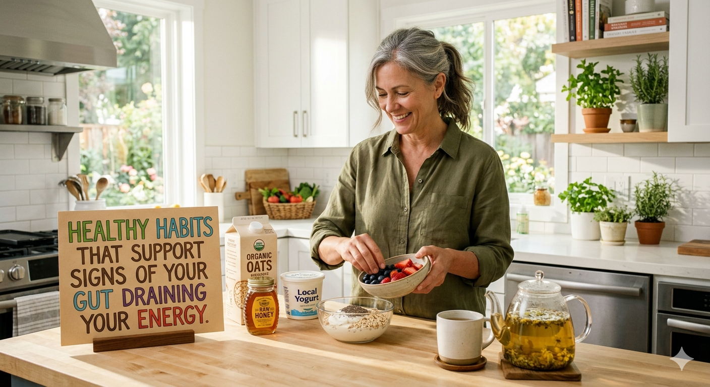 7-warning-signs-your-gut-is-draining-your-energy-after-45/ A smiling middle-aged woman in a bright kitchen preparing a healthy breakfast bowl with yogurt, oats, and berries, next to a sign about gut health and energy.