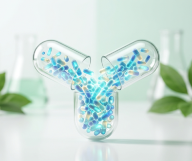 A transparent glass capsule splitting open to reveal a glowing, iridescent ecosystem of blue, teal, and gold microscopic probiotic bacterial strains in a bright, clean wellness laboratory setting.
