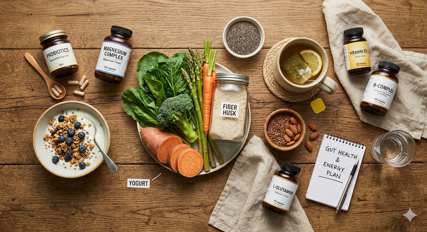 Supplements and whole foods for gut health and energy, including probiotics, magnesium, yogurt, and fiber on a wooden table.
