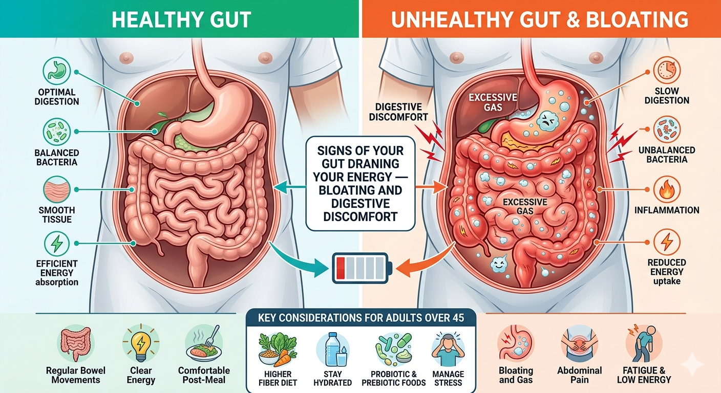 7-warning-signs-your-gut-is-draining-your-energy-after-45/ 📸 IN-ARTICLE IMAGE PLACEHOLDER ALT TEXT: signs of your gut draining your energy — bloating and digestive discomfort illustration Best AI Image Prompt: “Detailed medical-style illustration of digestive bloating in adults over 45, healthy vs unhealthy gut comparison, modern infographic design, realistic and educational”