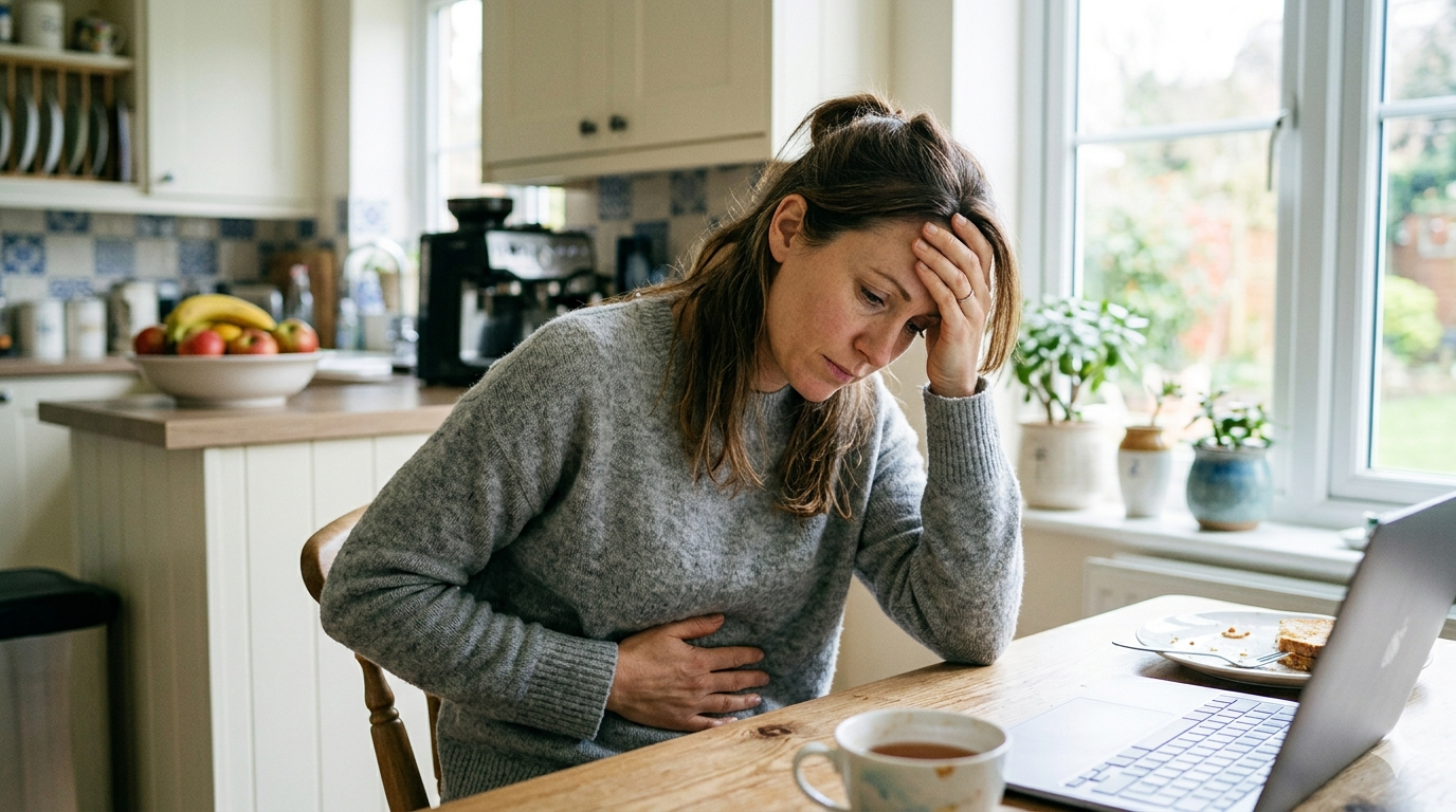 7-warning-signs-your-gut-is-draining-your-energy-after-45/ An exhausted-looking adult sitting at a kitchen table, holding one hand over their stomach and resting their head in the other. A laptop, a mug, and a half-eaten plate of food are on the wooden table in a bright, well-lit kitchen.
