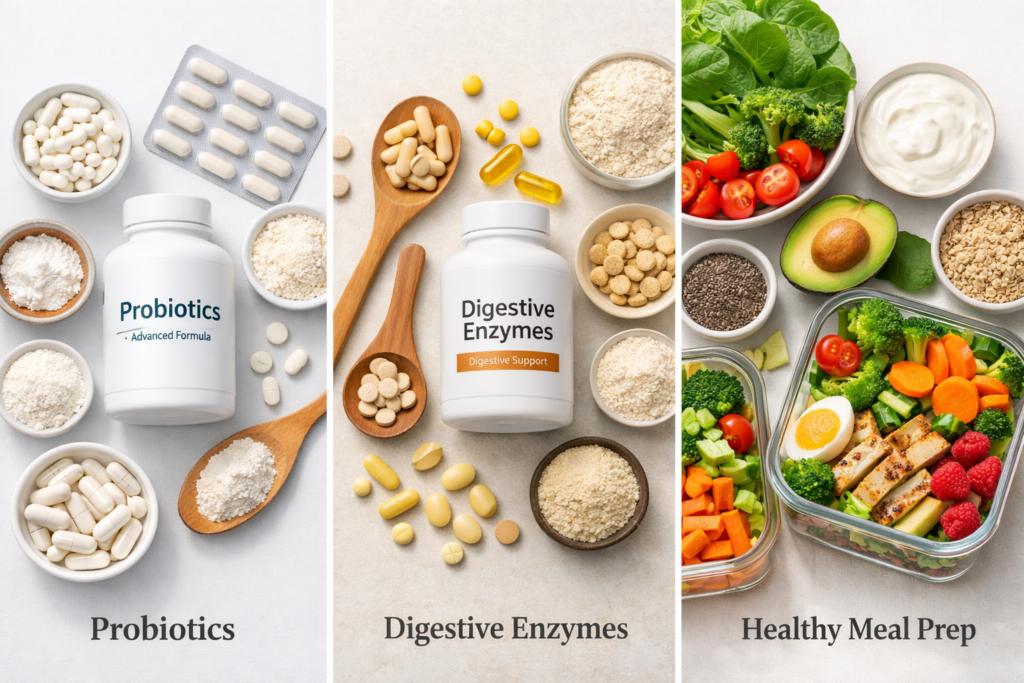 Flat lay of probiotics, digestive enzymes, fiber‑rich foods, yogurt, and fresh vegetables arranged on a clean white background to illustrate supplements and nutrition supporting digestion and energy after 45.