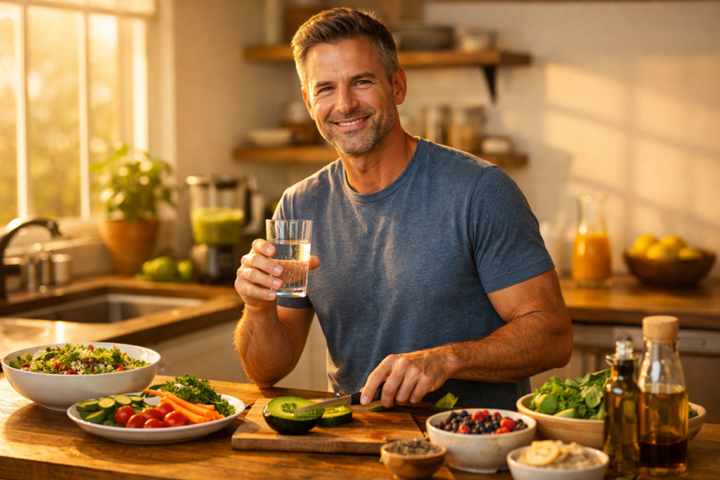 Healthy middle-aged man preparing a colorful high-fiber breakfast in warm morning light, surrounded by fruits, vegetables, and whole grains — promoting digestion and energy after 45.