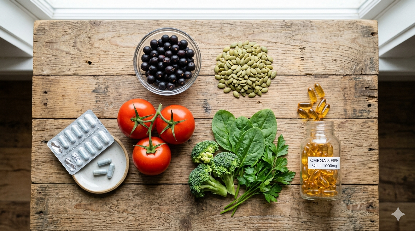 how-to-support-prostate-health-the-natural-ways/ A top-down flat lay on a rustic wooden table featuring natural foods and supplements for prostate health, including a bowl of saw palmetto berries, pumpkin seeds, a vine of three red tomatoes, fresh broccoli and spinach, a blister pack of zinc capsules, and a clear bottle of omega-3 fish oil softgels.