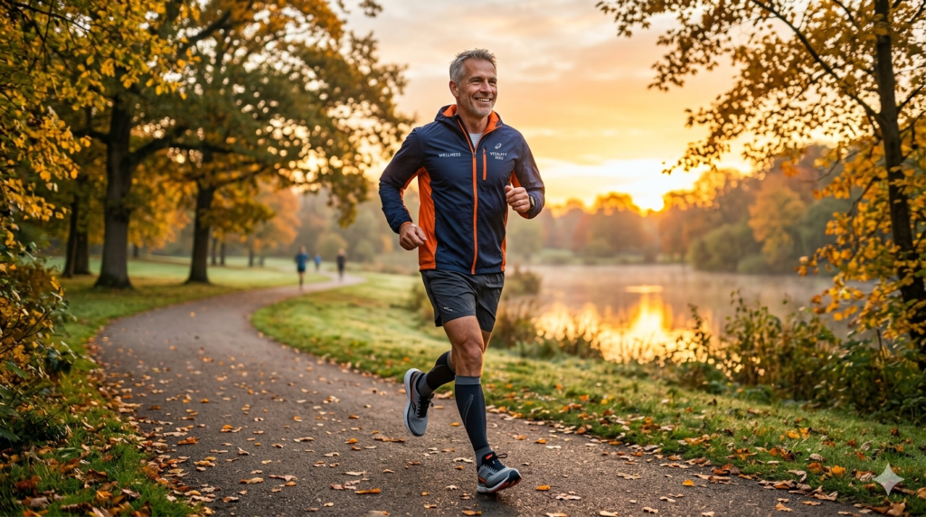 A healthy, fit man in his 50s with graying hair jogging along a winding park path during a vibrant autumn sunrise.