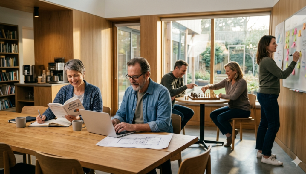 stimulating activities inside a modern, sunlit community space. In the foreground, a woman reads a book on brain health and takes notes while a man works on a laptop next to architectural blueprints. In the background, a couple plays chess near a large window, and a woman writes on a whiteboard with sticky notes.