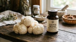 Fresh shaggy Lion's Mane mushrooms next to an amber glass organic supplement bottle on a rustic wooden table.